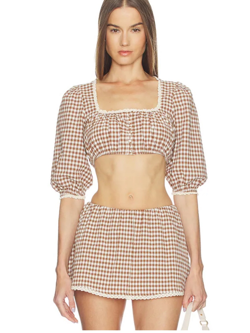 Brown Gingham Crop Peasant Top with Puff Sleeves